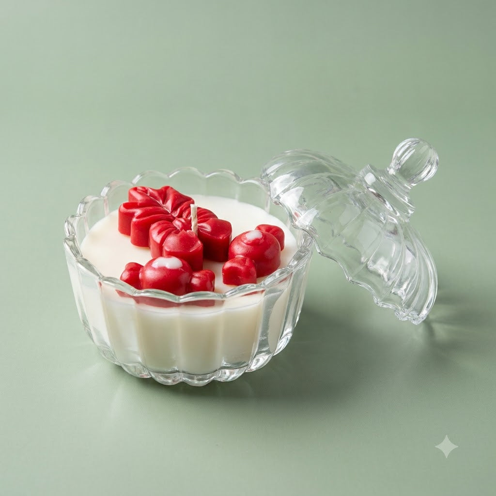 Premium scented red flower and heart soy candle in a glass jar with lid