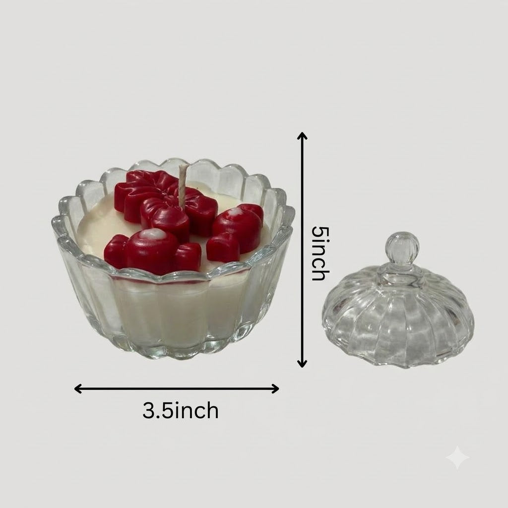 Premium scented red flower and heart candle measuring approximately 5 inches high and 3.5 inches wide