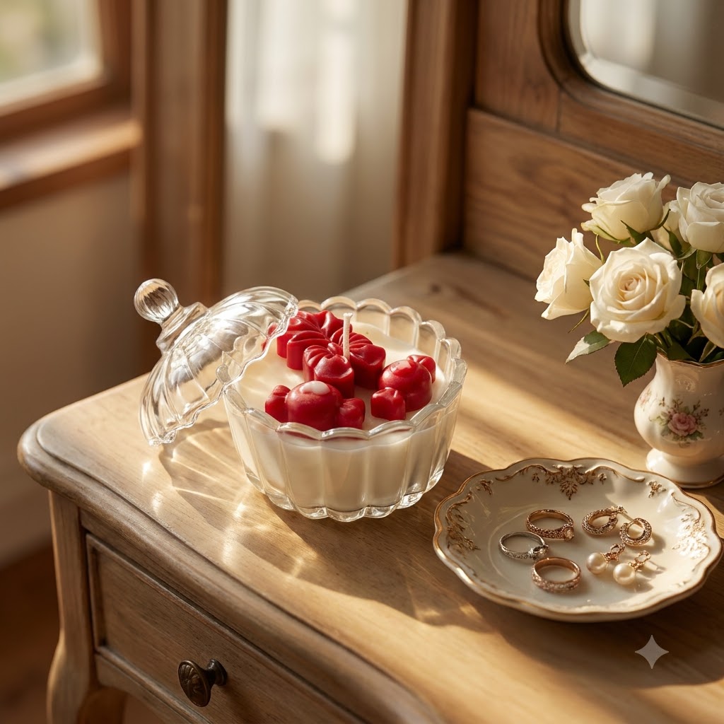 Premium scented red flower and heart candle styled in an elegant home setting