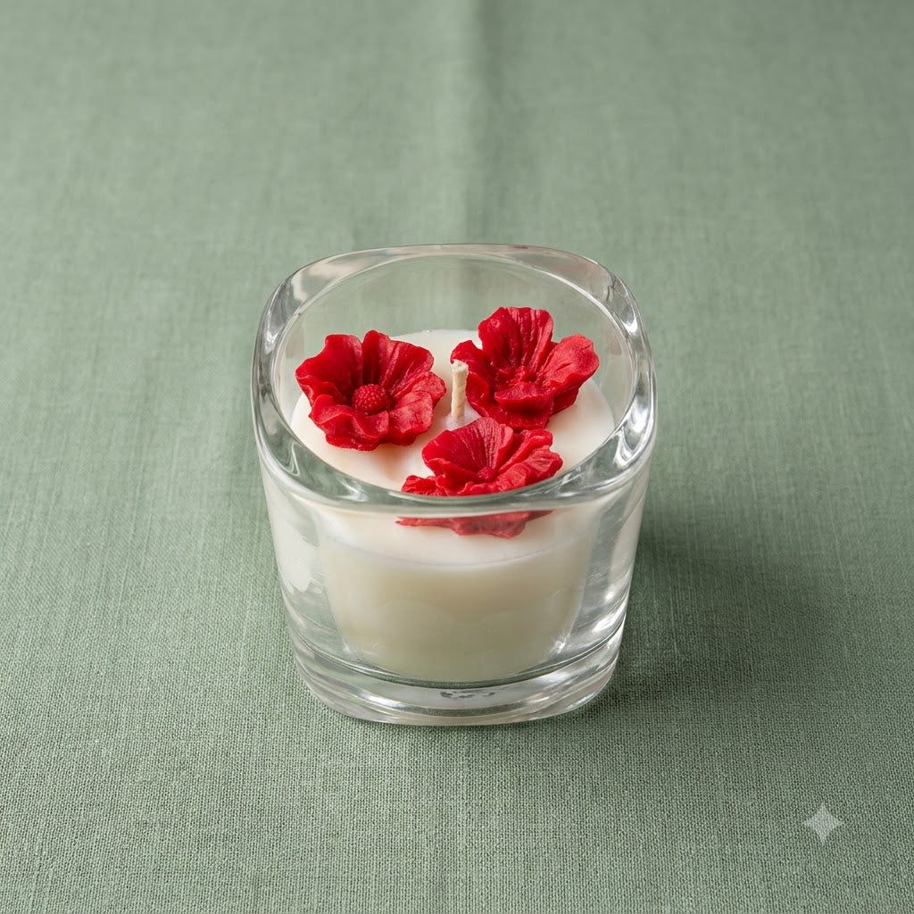 Premium scented red flower trio soy candle in a clear glass jar