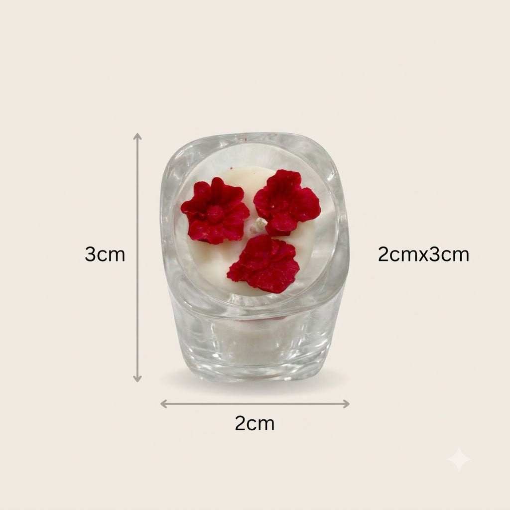 Premium scented red flower trio candle showing approximately 2 cm width and 3 cm height