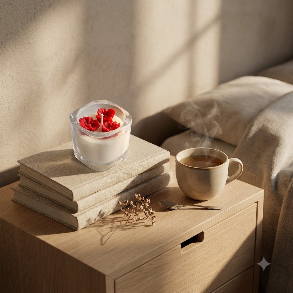 Premium scented red flower trio soy candle in a clear glass jar styled in a warm home setting