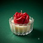 Premium scented red rose soy candle in a clear glass holder