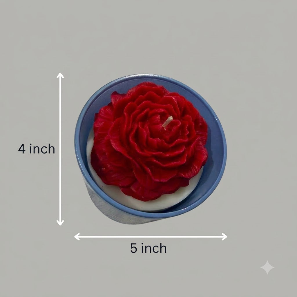 Premium scented red rose candle in a colourful jar measuring approximately 5 inches wide and 4 inches high