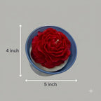 Premium scented red rose candle in a colourful jar measuring approximately 5 inches wide and 4 inches high