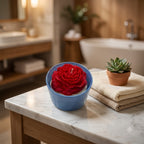 Premium scented red rose soy candle in a colourful blue jar styled in a warm home setting
