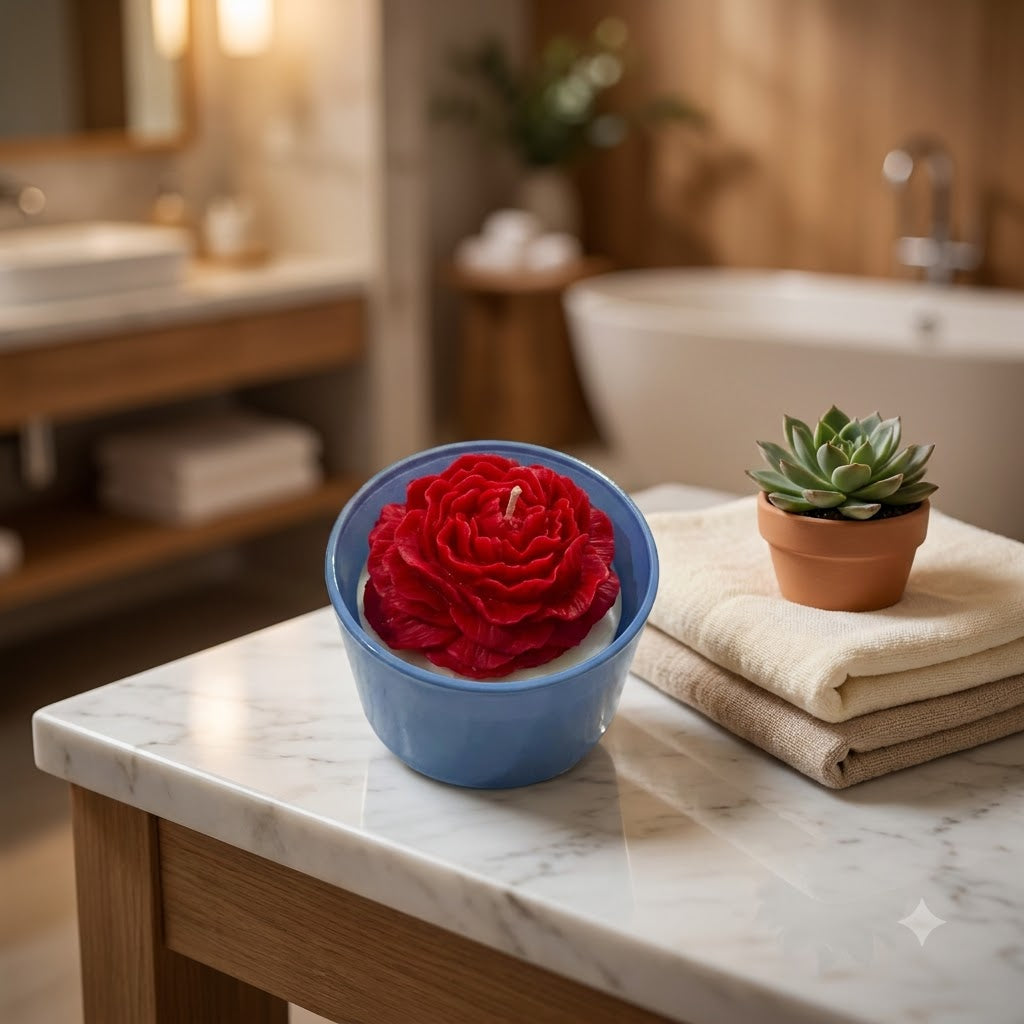 Premium scented red rose soy candle in a colourful blue jar styled in a warm home setting