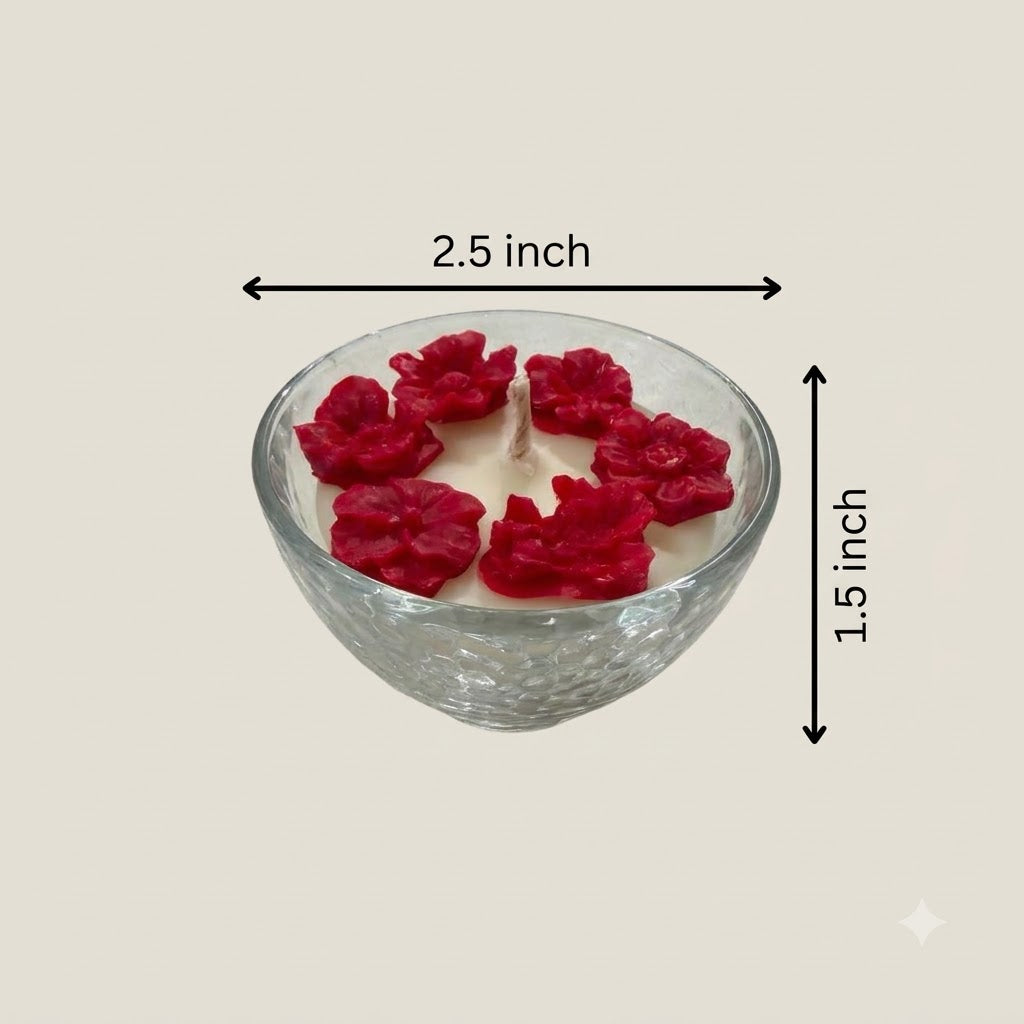 Red rose and leaf glass bowl candle measuring approximately 2.5 inches wide and 1.5 inches high