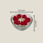 Red rose and leaf glass bowl candle measuring approximately 2.5 inches wide and 1.5 inches high