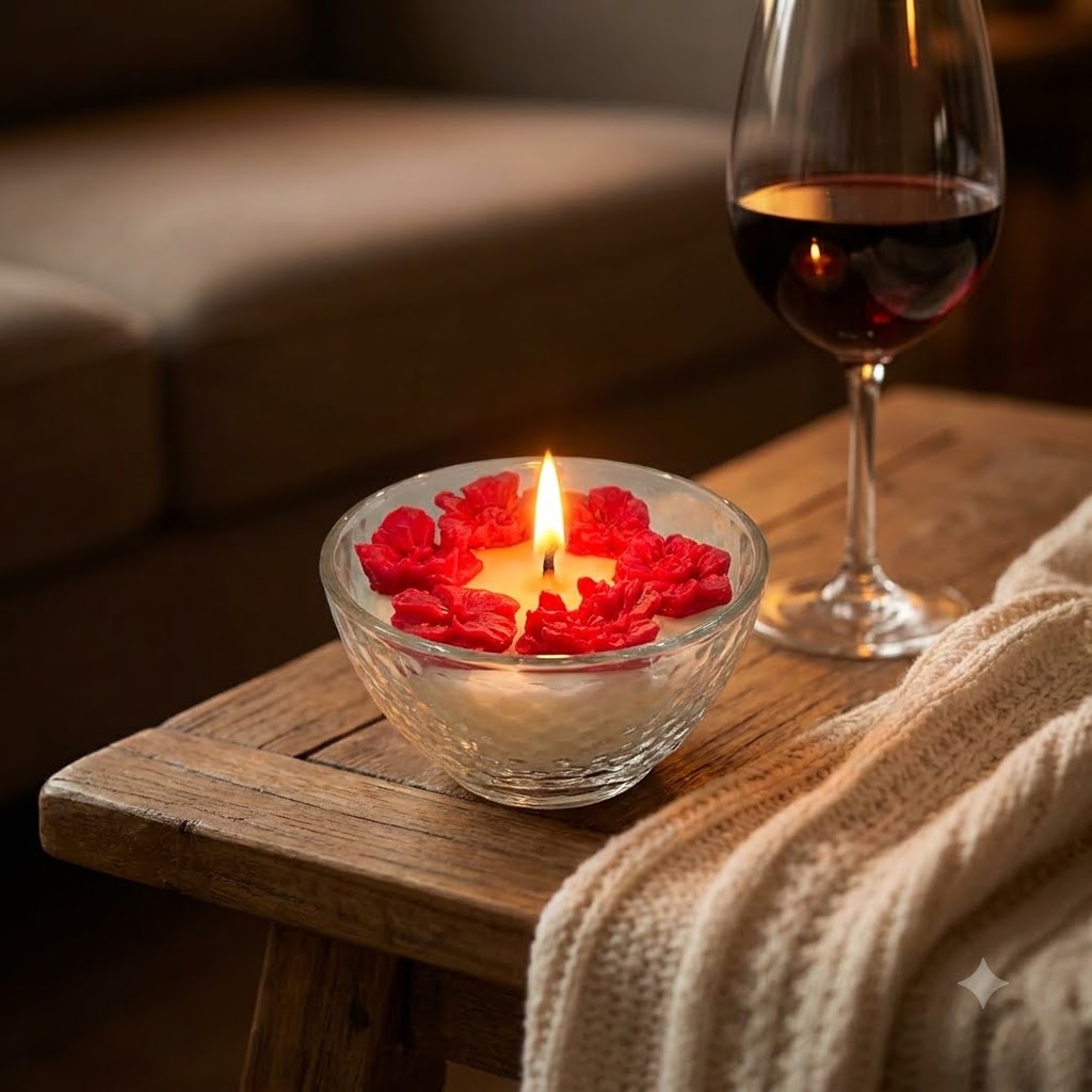 Red rose and leaf glass bowl candle styled in a warm romantic setting