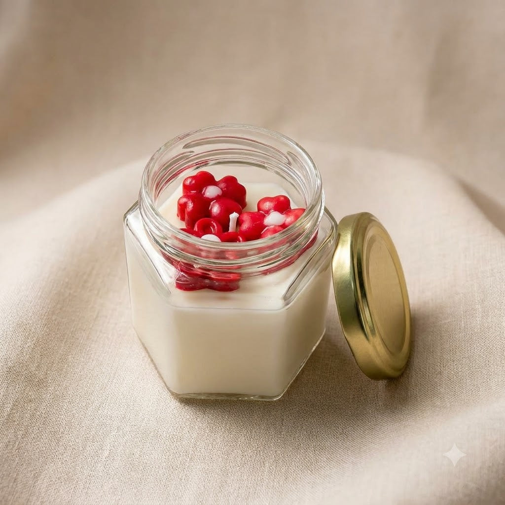 Scented red flower soy candle in a clear hexagonal glass jar