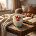 Scented red flower soy candle in a hexagonal glass jar styled in a warm lifestyle setting